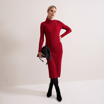 英伦PE 女款 翻领斜扣罗纹修身针织连衣裙 F836