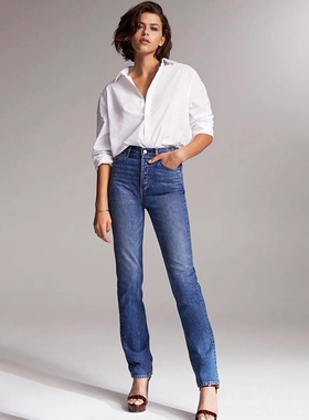 加拿大红牌DF 女款 蓝色洗水高腰直筒牛仔裤 D554