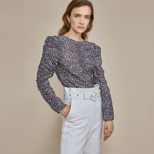 3128 真丝混纺印花欧根纱圆领褶皱上衣 荷兰设计师LCDP 女款