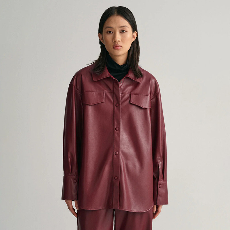 美系行政G 女款 翻领按扣廓形衬衫款皮夹克外套 E176,女装/女士精品,皮衣,淘宝优惠券,粉丝福利购,淘宝优惠卷