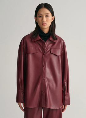 美系行政G 女款 翻领按扣廓形衬衫款皮夹克外套 E176