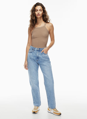 加拿大红牌DF 女款 蓝色洗水高腰褶皱宽松牛仔裤 D902