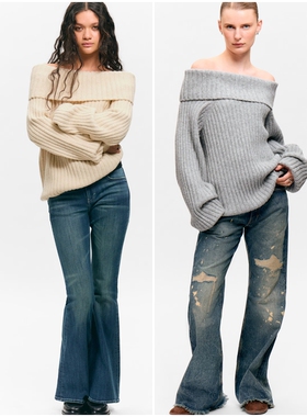 北欧风MNK 女款 一字露肩罗纹针织毛衣 E482