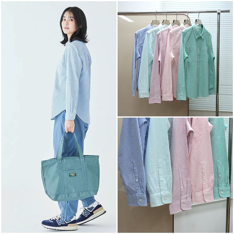 美系百年户外LLB 女款 泡泡纱双口袋条纹长袖衬衫 D016