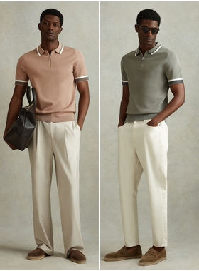 英伦简约RS 男款 撞色饰边半拉链翻领短袖针织上衣 9005