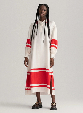 美系行政G  女款  珍珠母贝扣条纹中长连衣裙 B401