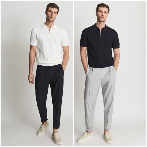 英伦简约RS 男款 半拉链翻领纹理短袖针织上衣 B337