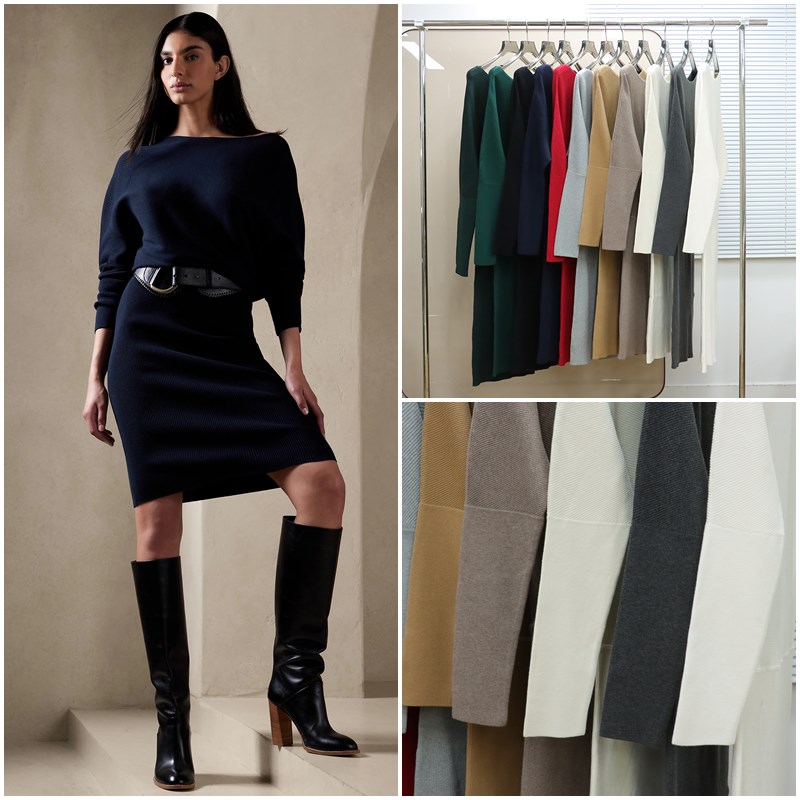 美系蕉国BR 女款 斜裁船领长袖包臀针织连衣裙 D679