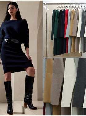 美系蕉国BR 女款 斜裁船领长袖包臀针织连衣裙 D679