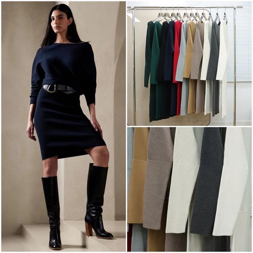 美系蕉国BR 女款 斜裁船领长袖包臀针织连衣裙 D679