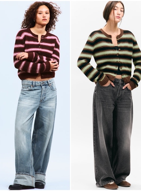 北欧风MNK  女款  圆领条纹针织开衫 E485