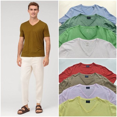 德系轻奢0L 男款 清凉透气弹力亚麻V领修身短袖T恤 A458