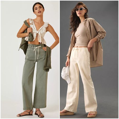 加州轻奢PG 女款 成衣洗染高腰抽绳阔腿裤 F964