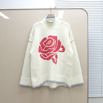 美系FP 女款 半高领印花镂空宽松廓形粗针针织毛衣 E588