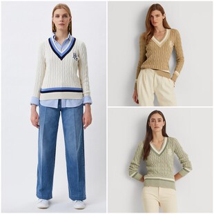 针织衫 美式 撞色V领绞花长袖 女款 E600 老钱风