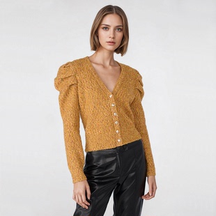 V领针织开衫 夹花纱泡泡袖 5536 女款 法系轻奢风老F0爷