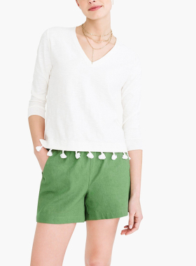 美系J 女款 棉质V领流苏边竹节纹七分袖针织衫 D671