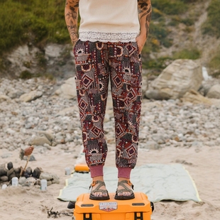 B222 莫代尔混纺松紧腰印花束脚裤 英伦户外山系PSG 女款