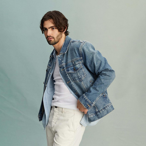 加州轻奢PG 男款 蓝色洗水翻领牛仔外套 F981