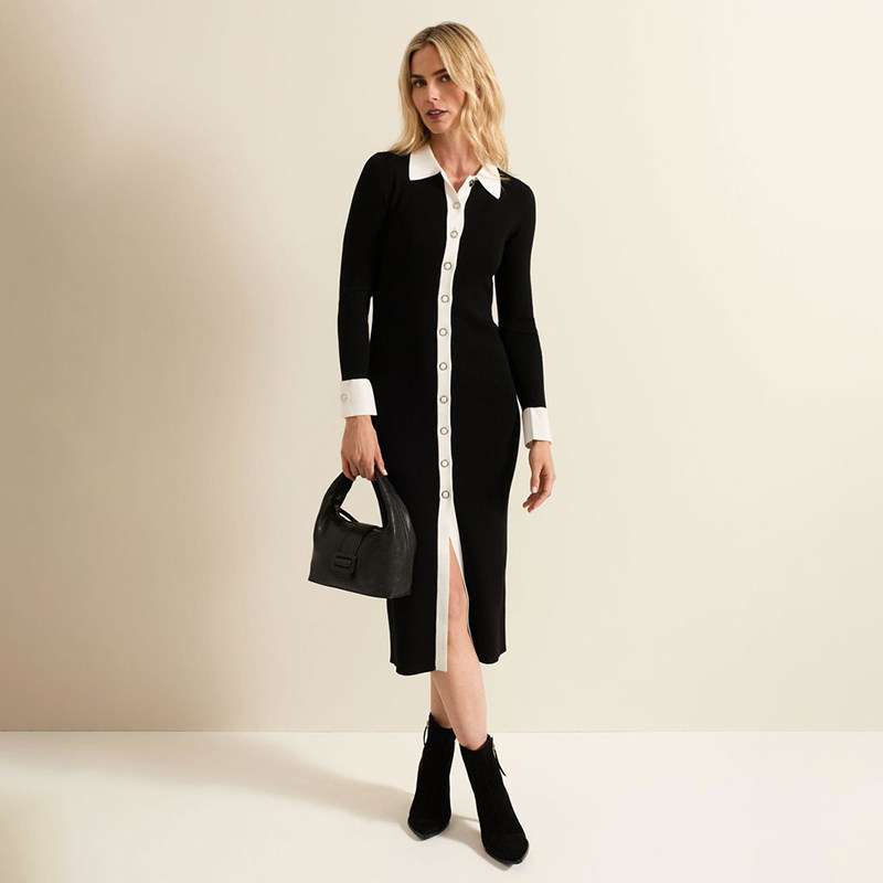 英伦PE 女款 翻领撞色饰边罗纹前开衩针织连衣裙 F822