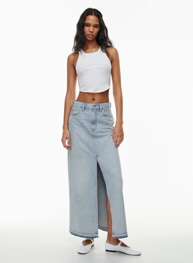 加拿大红牌DF 女款 蓝色洗水前开叉超长铅笔虚边牛仔半身裙 C441