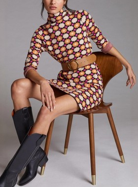 美系安@NTHR0 女款  高领提花长袖针织连衣裙 E556