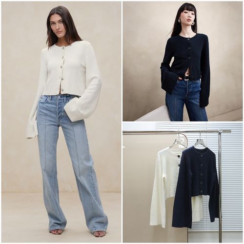 美系蕉国BR 女款 圆领喇叭袖真丝混纺针织开衫 D708