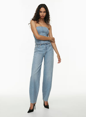 加拿大红牌DF 女款 蓝色洗水80年代高腰宽松锥形牛仔裤 D886