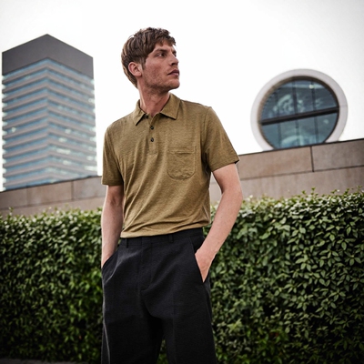 德系轻奢0L 男款 清凉透气弹力亚麻翻领单口袋短袖T恤 A455