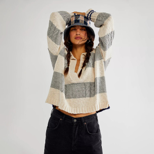 E547 翻V领宽松条纹落肩针织衫 美系FP 女款