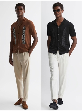 英伦简约RS 男款 古巴领刺绣短袖针织开衫上衣 8987