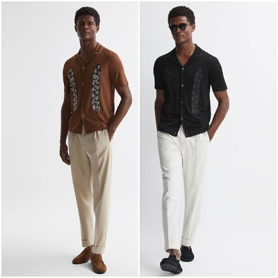 英伦简约RS 男款 古巴领刺绣短袖针织开衫上衣 8987