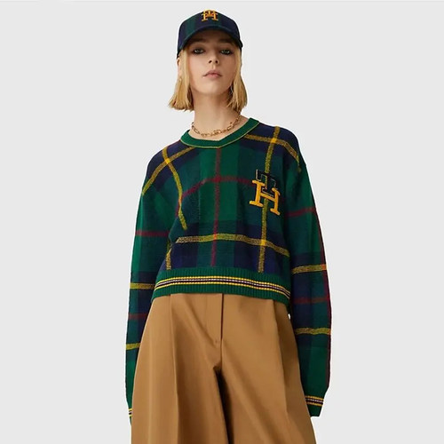 美式经典 女款 羊毛混纺V领短款绿格纹宽松针织衫  D766