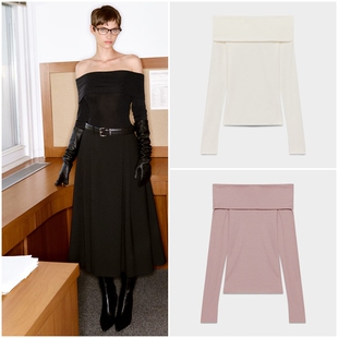 F746 莱赛尔羊毛混纺一字领露肩针织衫 加拿大红牌 女款