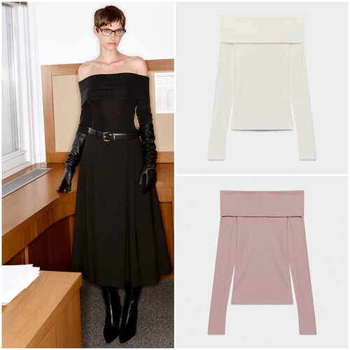 加拿大红牌 女款 莱赛尔羊毛混纺一字领露肩针织衫 F746