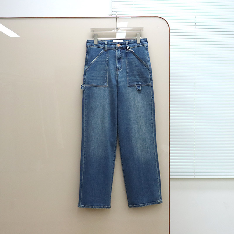 美式丹宁DJ 女款 深蓝洗水工装直筒牛仔裤 F661