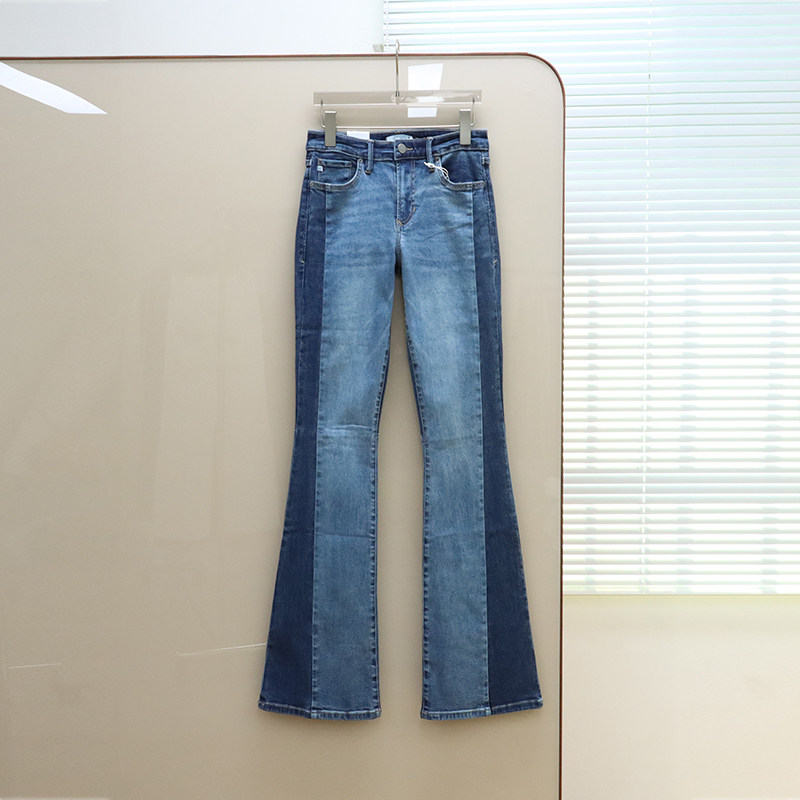 美式丹宁DJ 女款 蓝色洗水拼接微喇牛仔裤 F583