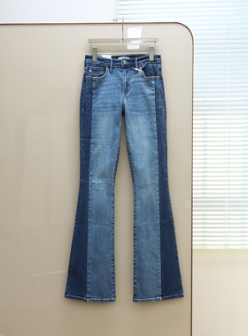 美式丹宁DJ 女款 蓝色洗水拼接微喇牛仔裤 F583