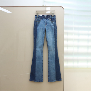 蓝色洗水拼接微喇牛仔裤 女款 F583 丹宁DJ 美式
