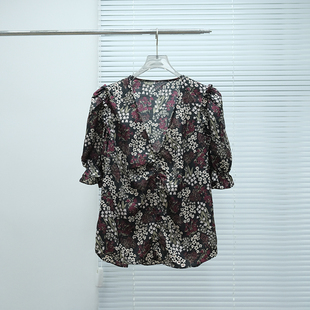 衬衫 美系轻奢J0IE V领印花褶皱短袖 泡泡袖 3382 女款
