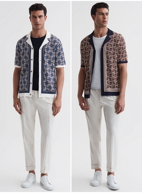 英伦简约RS 男款 古巴领印花短袖针织开衫上衣 9576