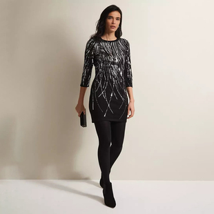 英伦PE 圆领亮片镂空七分袖 针织连衣裙 F840 女款