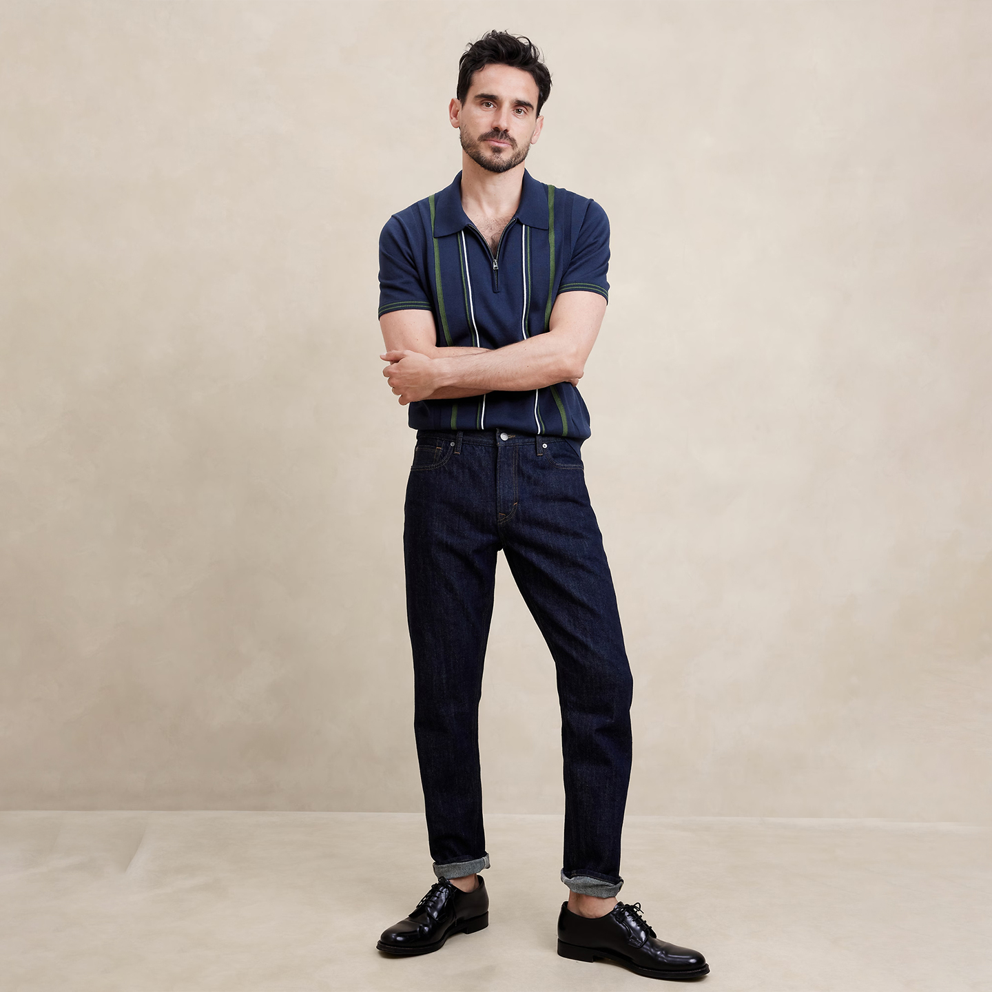 美系蕉国BR 男款 半拉链翻领条纹短袖针织衫 C505