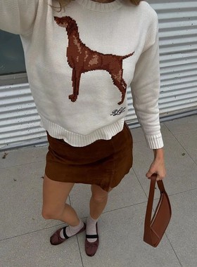 美式老钱风  女款 圆领狗狗提花长袖针织衫 D976