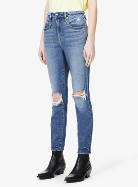 美系GA 女款 蓝色洗水修身弹力膝盖磨破牛仔裤 R815