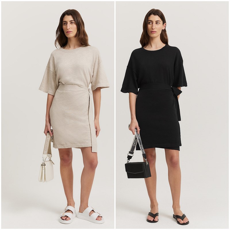 澳洲轻奢C0UNTRY 女款  棉麻混纺圆领落肩短袖绑带针织连衣裙D347