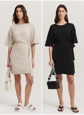 澳洲轻奢C0UNTRY 女款  棉麻混纺圆领落肩短袖绑带针织连衣裙D347