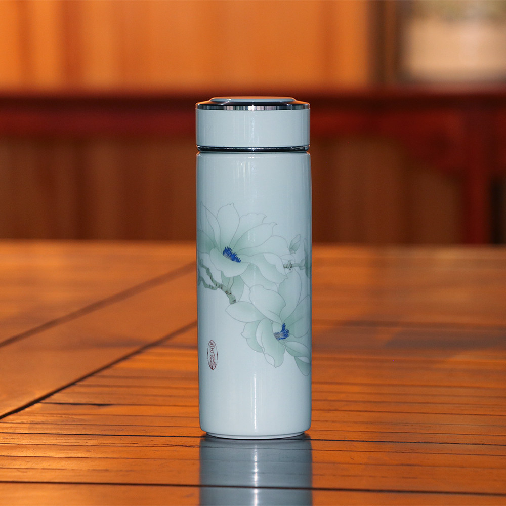 海瓷抗菌易洁活水杯办公室双层口杯不锈钢盖子过节送礼盒装