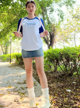 夏装新款插肩袖可乐体恤字母印花男女情侣款bf风白色短袖t恤女潮