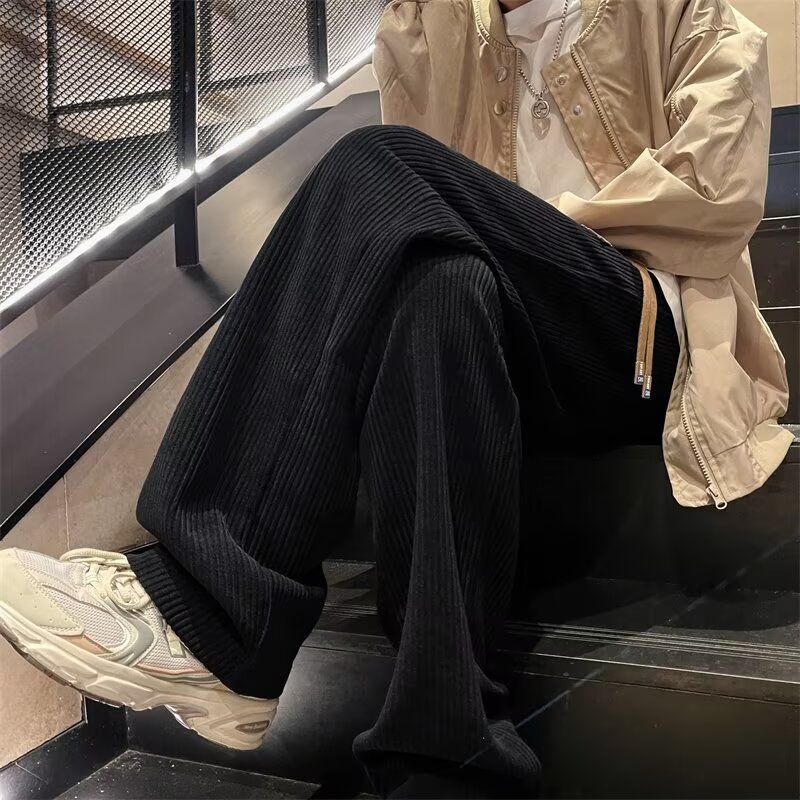 日系加肥加大码粗条灯芯绒长裤子